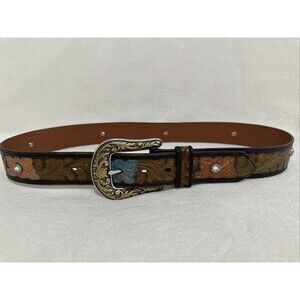 Western Women’s Leather Belt Silver Gold Buckle Floral Jeweled Scroll Multicolor